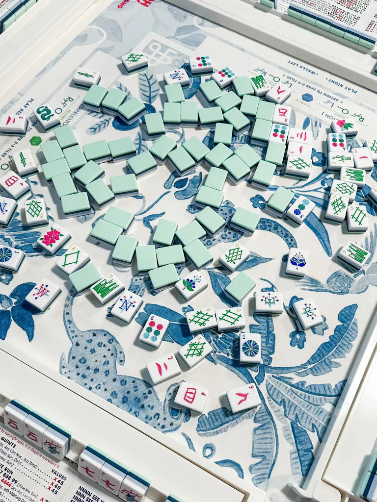 Oh My Mahjong Birdie tile set on Amazon instructional tablecloth with white acrylic rack and pusher set
