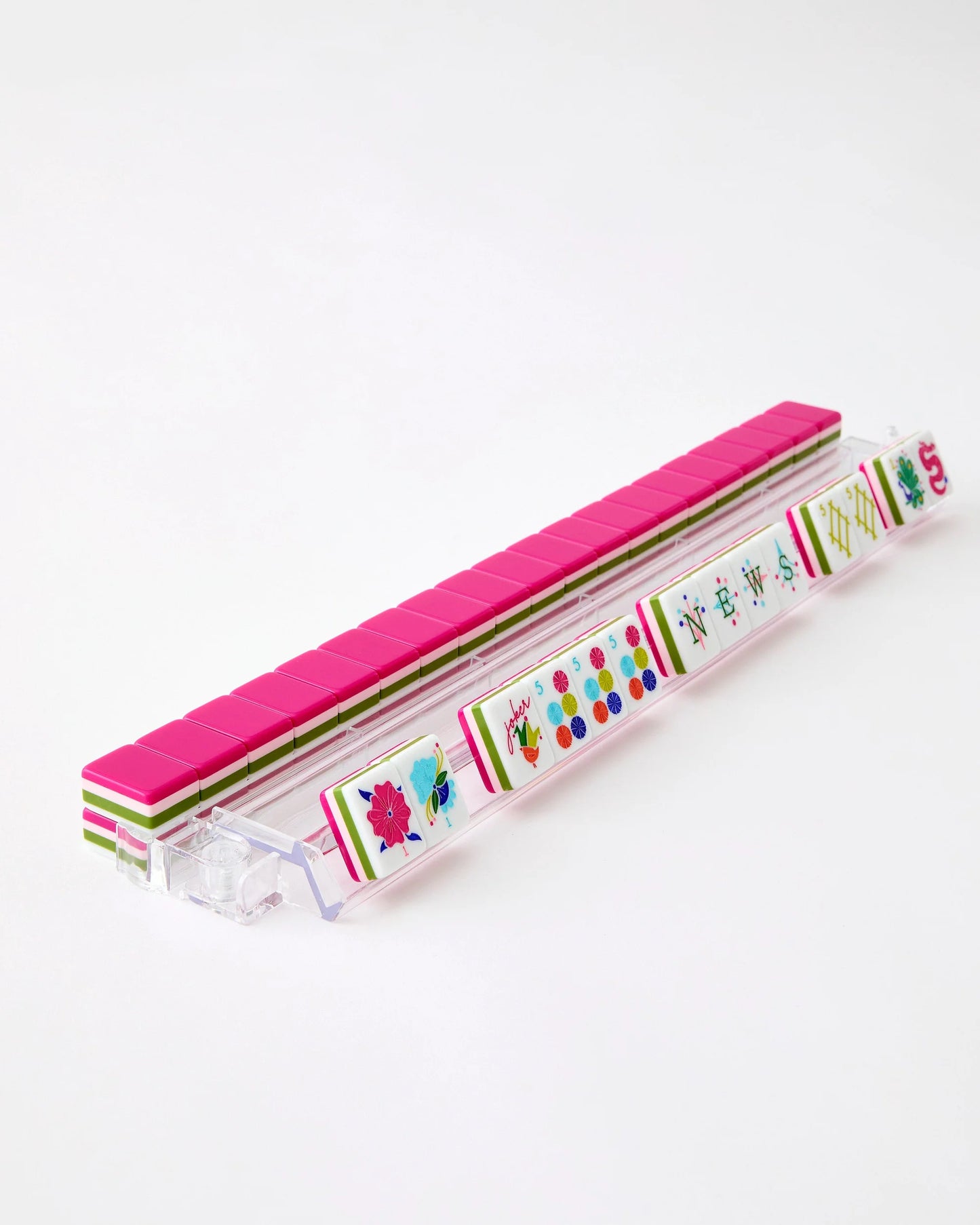 Oh My Mahjong Dandy tile set  on acrylic rack and pusher set