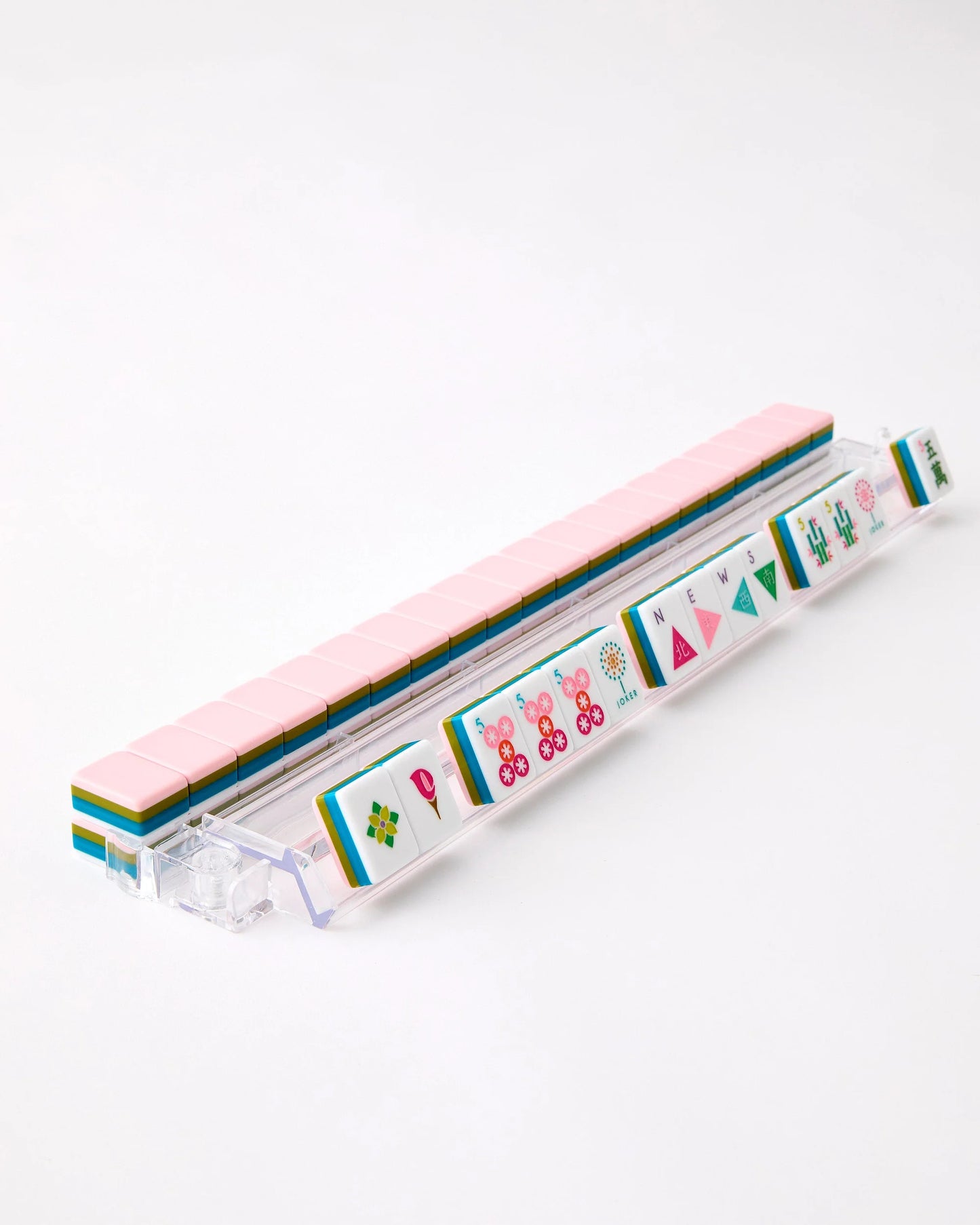 Oh My Mahjong La Fete tile set on acrylic rack and pusher set