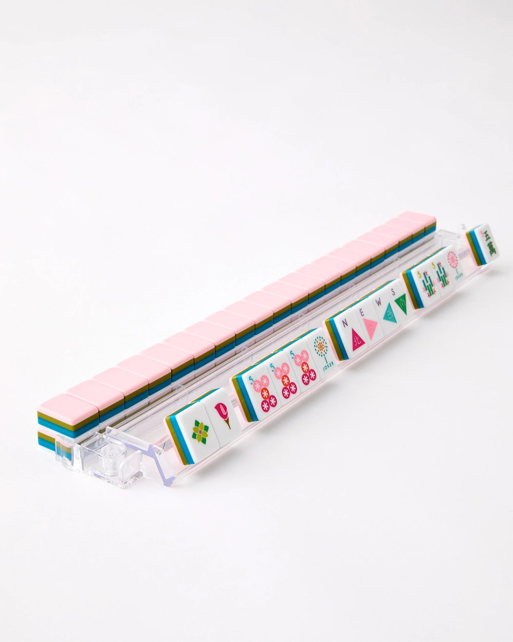 Oh My Mahjong La Fete tile set on acrylic rack and pusher set