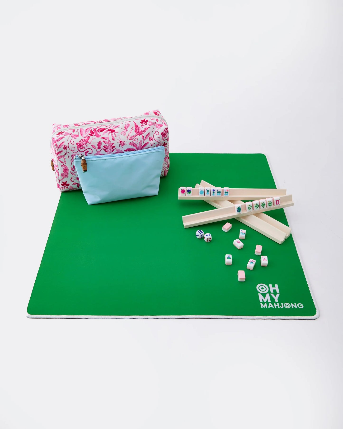 Aloha travel mahjong tile set with mat, racks, dice and travel bag by Oh My Mahjong