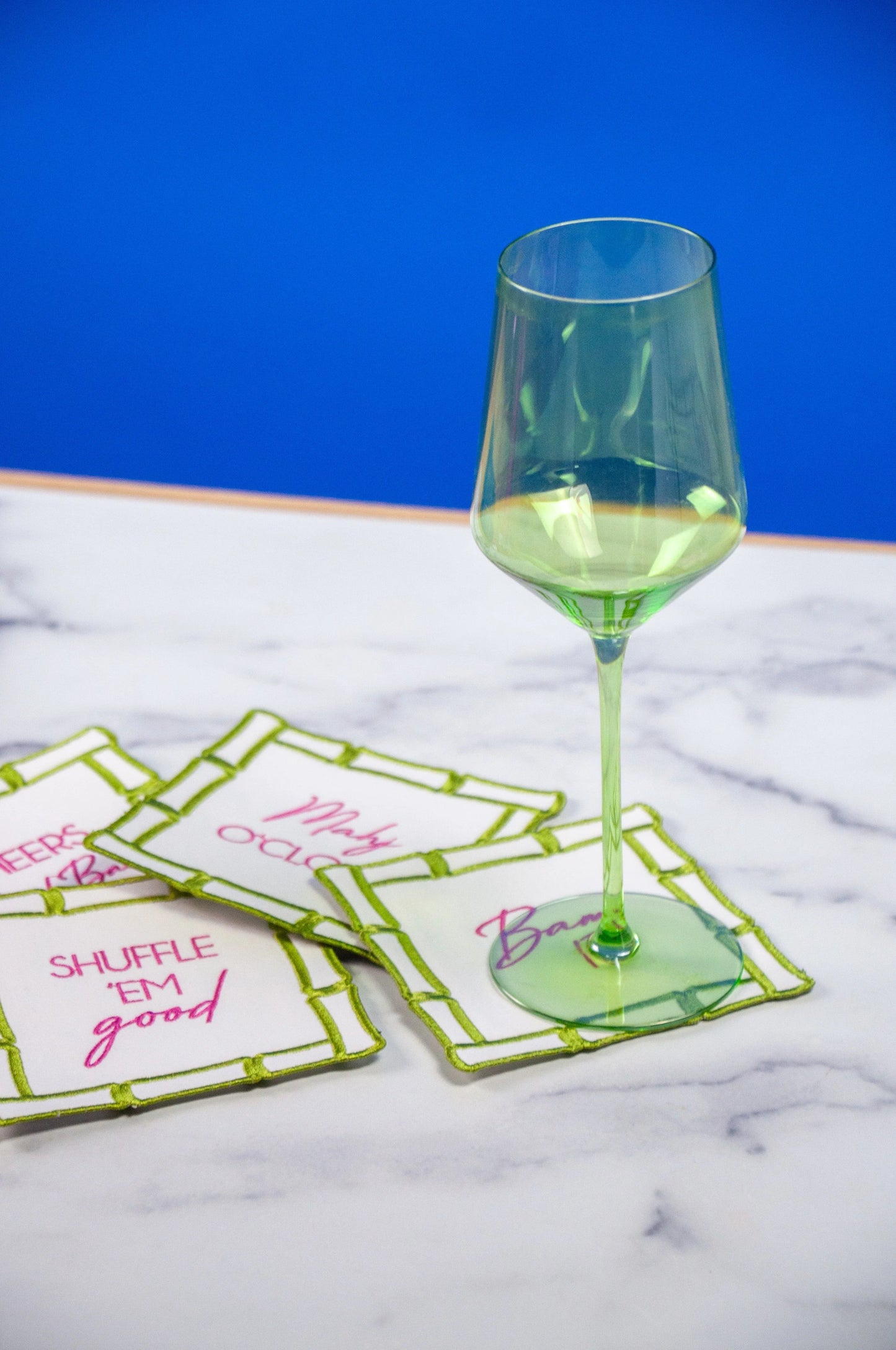 Bamboo cocktail napkins by Oh My Mahjong w wine glass, mahjong accessory