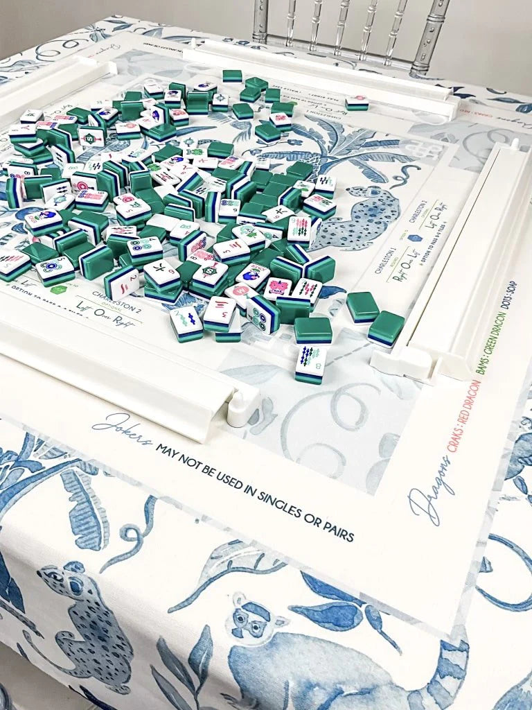 Oh My Mahjong Amazon Blue tablecloth with Shangri-la mahjong tiles